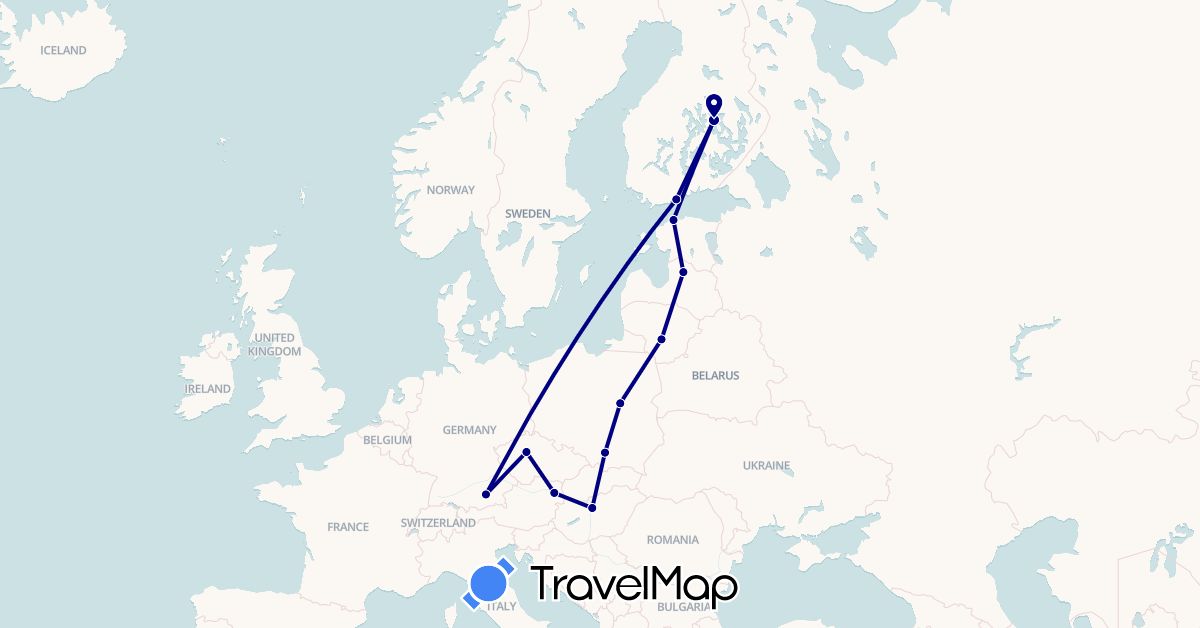 TravelMap itinerary: driving in Austria, Czech Republic, Germany, Estonia, Finland, Hungary, Lithuania, Latvia, Poland (Europe)
